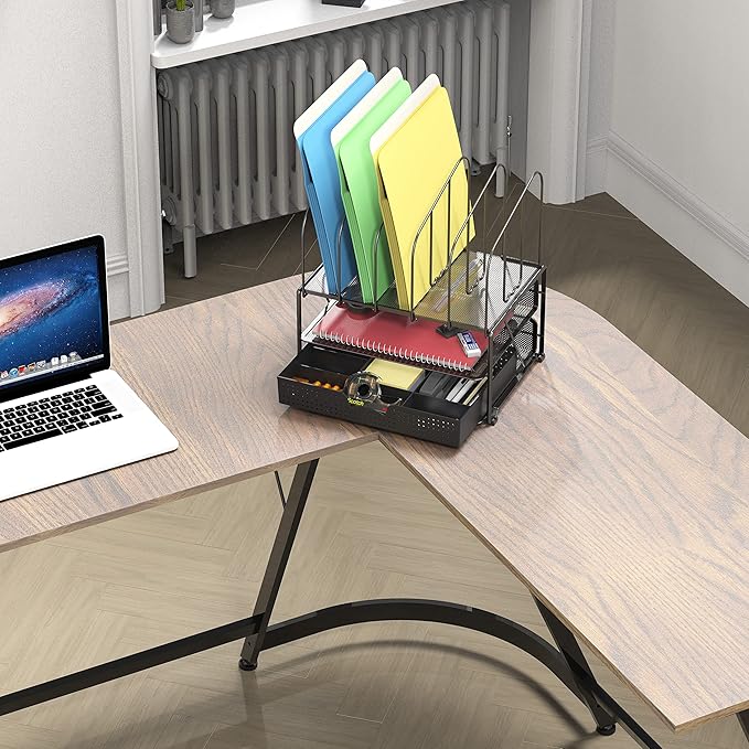 Deco Brothers Mesh Desk Organizer with Double Tray, 5 Upright Sections and Sliding Drawer, Black