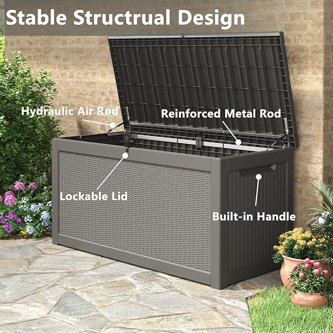 320 Gallon Outdoor Storage Box, Resin Deck Boxes Outdoor Waterproof For Patio Furniture, Garden Tools, Pool Supplies, Lockable And UV Resistant (Rattan Gray)