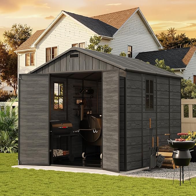 UDPATIO 8 x 8 FT Resin Storage Shed, Plastic Outdoor Storage Shed Clearance Sheds with Floor Included Solitude Cottage Shed She Sheds Garden Tool Shed with Lockable Door for Backyard, Patio, Dark Grey