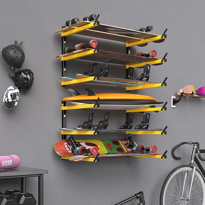 GREENER Lumber Storage Rack Folding Wood Storage Racks Wall-Mounted Metal Racks for Storage with 6-Level Heavy Duty Garage Wood Organizer for Woodworking Shop Indoor & Outdoor Use, 2 pairs,Yellow