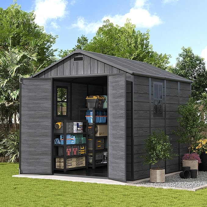 UDPATIO 8 x 8 FT Resin Storage Shed, Plastic Outdoor Storage Shed Clearance Sheds with Floor Included Solitude Cottage Shed She Sheds Garden Tool Shed with Lockable Door for Backyard, Patio, Dark Grey
