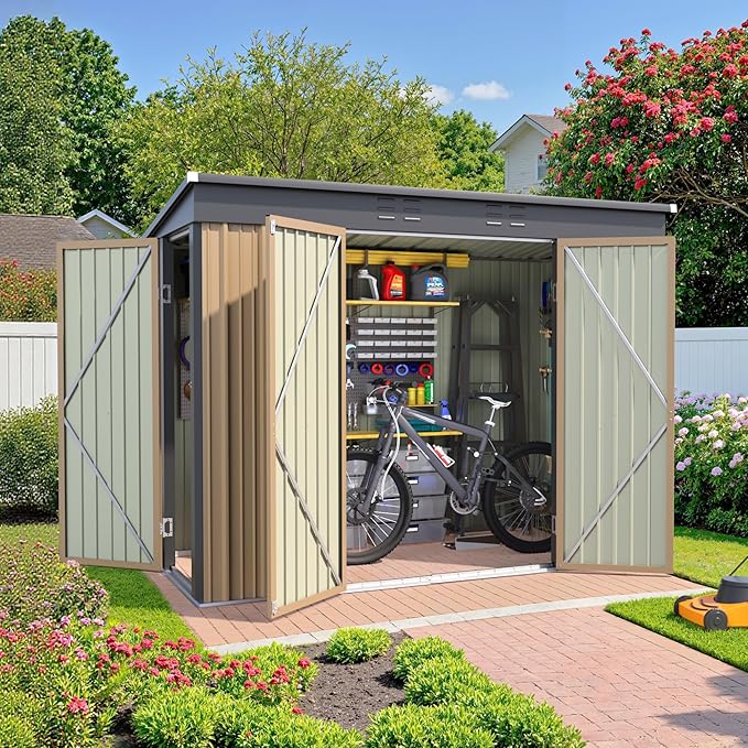 JUMMICO 8x4 FT Outdoor Storage Shed, Heavy Duty Tool Metal Sheds with 3 Lockable Doors and Updated Frame Structure for Backyard Patio Lawn, Brown