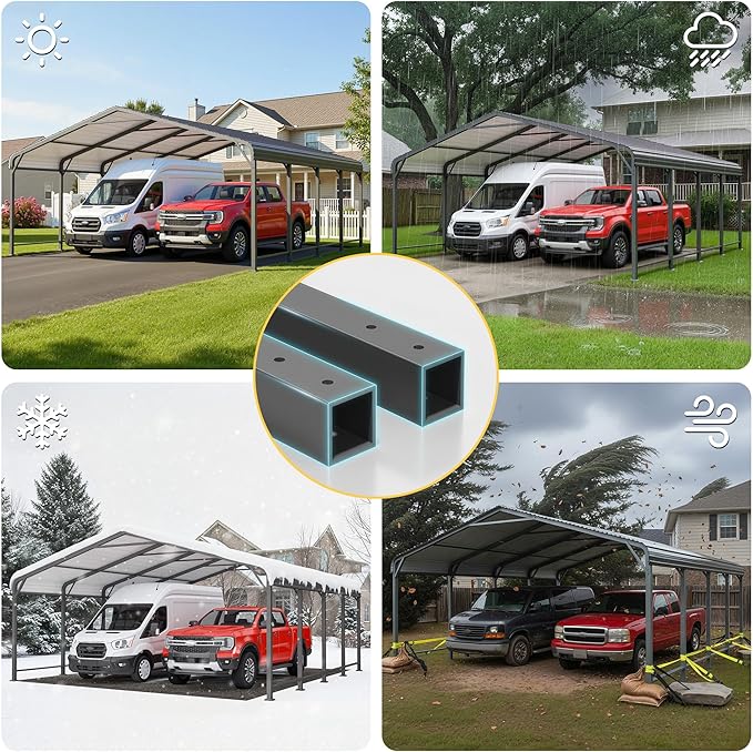 20' x 20' Metal Carport with Updated Roof & Enhanced Base, Heavy Duty Canopy Carport Garage, Vertaile for Car, Truck, Boat, Tractors, Party, Grey
