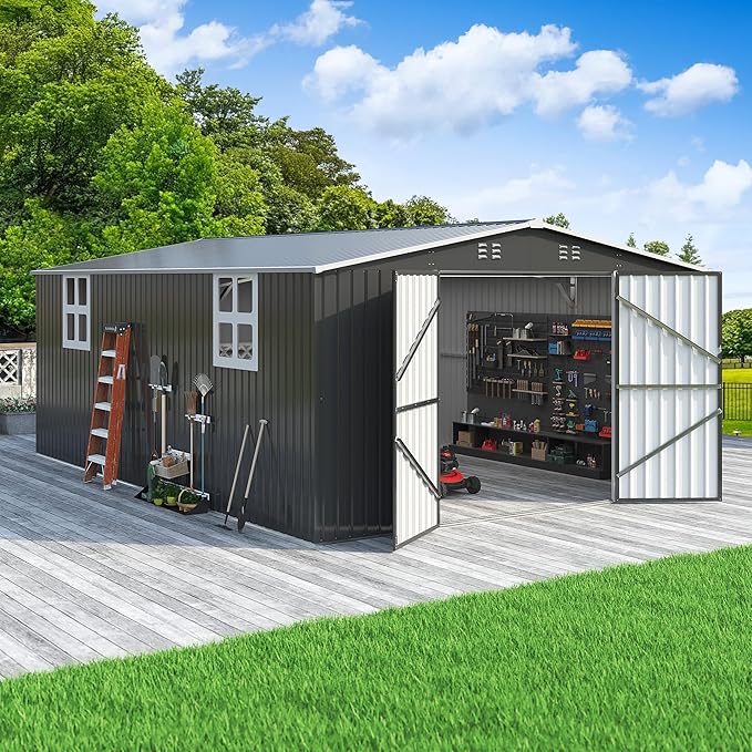 Polar Aurora 12x18 FT Outdoor Storage Shed, Garden Shed with Updated Frame Structure and Lockable Doors, Metal Tool Sheds for Backyard Garden Patio Lawn,Black