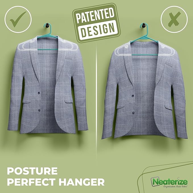 NEATERIZE Clothes Hangers Plastic 50 Pack for Adults - Plastic Hangers, The Perfect Coat Hanger and Space Saving Clothes Hangers for Closet, Percheros Ganchos para Colgar Ropa Hangars - Aqua Hangers