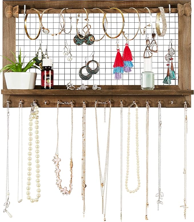 Rustic Jewelry Organizer with Bracelet Rod Wall Mounted - Wooden Wall Mount Holder for Earrings, Necklaces, Bracelets, and Many Other Accessories