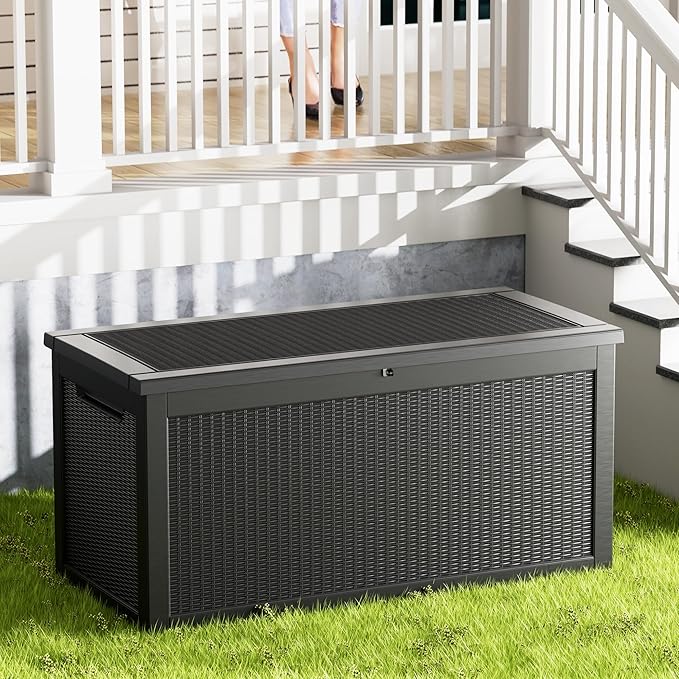 320 Gallon Lockable Resin Outdoor Storage Box, Waterproof & Weather Resistant Deck Box for Patio Cushion, Garden Tools & Pool Accessories, Black