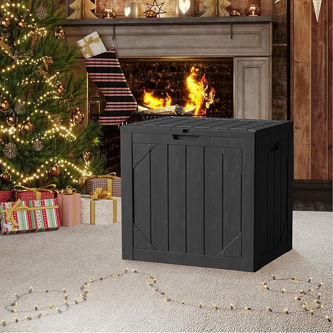 Outdoor Storage Box, 30 Gallon Lockable Resin Deck Box Waterproof, Patio Storage Bin for Furniture Cushion, Garden Tools and Pool Accessories, UV-Resistant Bench Cabinet for Outside, Black