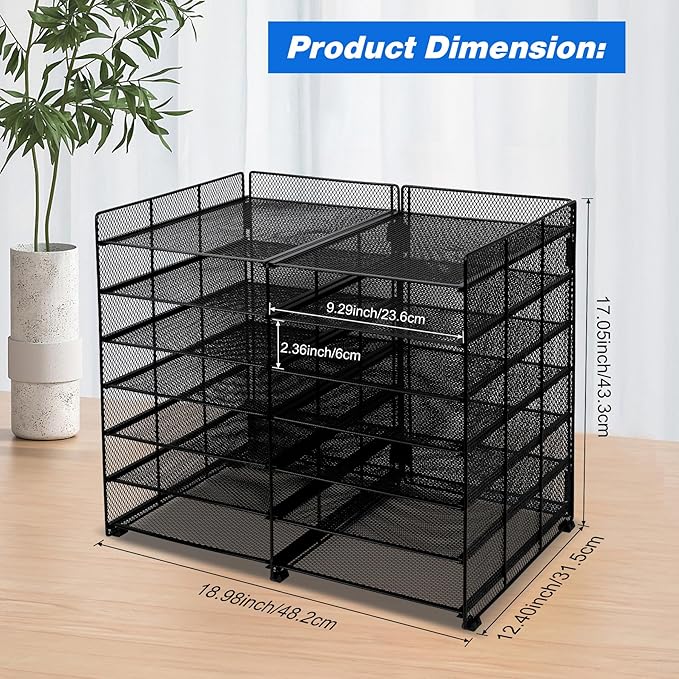 TQVAI 7-Tier Desk Paper Organizer, 12 Slots Mesh Countertop File Mail Organizer, Adjustable Sliding Shelves, Desktop Mailbox Cubbies for Office, Classroom, Black