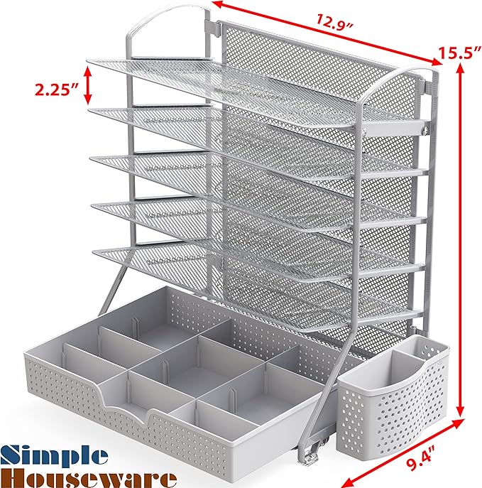 Simple Houseware 6-Tier Desk Document File Tray Organizer with Supplies Sliding Drawer, Silver