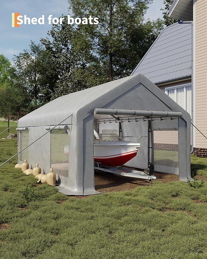 GarveeLife 12x20 ft Portable Garage, Car Port with 200 g PE Tarp Cover, with Front & Rear Roll-Up Doors and 4 Windows, for Temporary Paint Booth, Boats&Pickups Shed, and Event Shelter, White