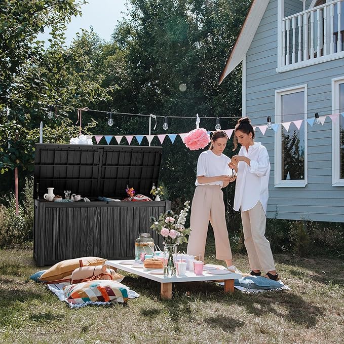 180 Gallon Outdoor Deck Box,Waterproof Resin Outdoor Storage Boxes, Outside Storage Lockable Container for Garden Tools,Indooor Cushions,Accessories (Black)