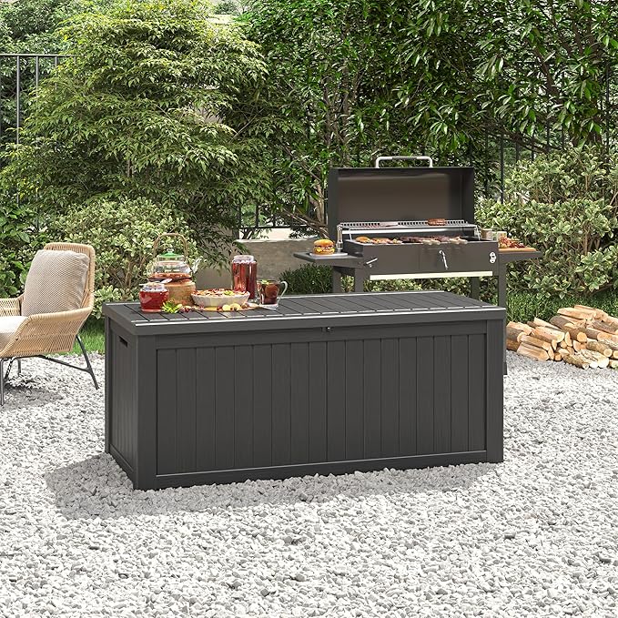 220 Gallon Outdoor Storage Box, Resin Deck Boxes Outdoor Waterproof For Patio Furniture, Garden Tools, Pool Supplies, Lockable And UV Resistant (Striped Black)