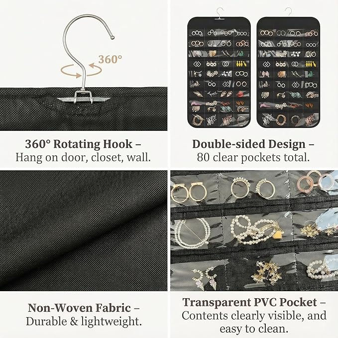 Hanging Jewelry Organizer Double Sided with 80 Clear Pockets, Necklace Organizer Hanging for Closet and Wall, Jewelry Organizer with Hanger, Over the Door Jewelry Organizer, Large Jewelry Storage Bag