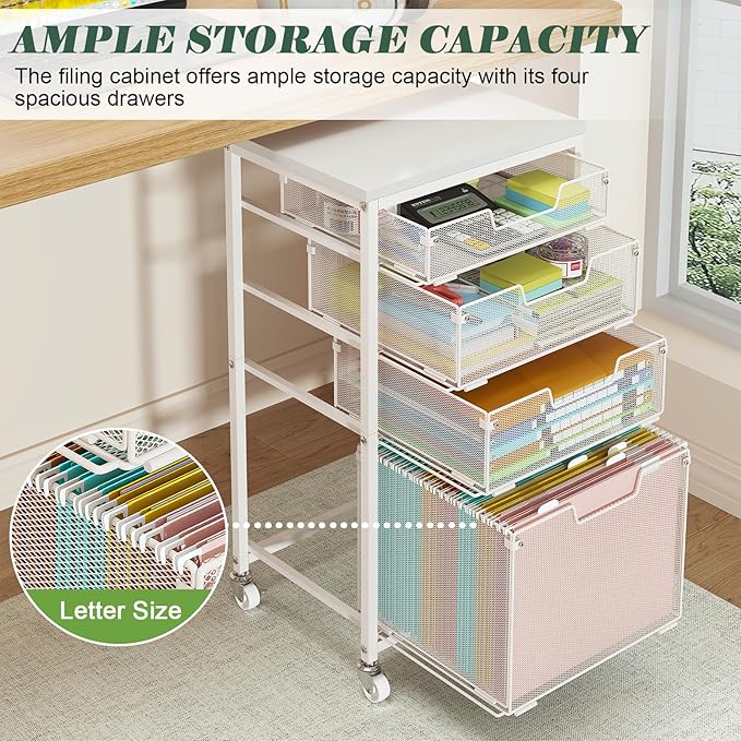 4 Drawer Rolling File Cart with Wheels, Mobile Filing Cabinet for Home Office, Hanging File Organizer, Under Desk Storage, Multifunctional Utility Cart Printer Stand, White