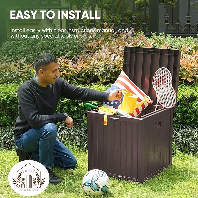 EHHLY Deck Box, 51 Gallon Front Porch Package Bin Delivery Box for Outside, Small Patio Outdoor Storage Boxes Waterproof, UV Resistant Plastic Resin Pool Storage Bins with lids, Brown