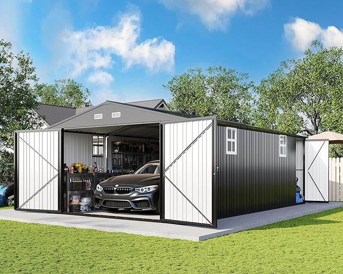 AMERLIFE 10x21x7.3 FT Outdoor Metal Garage Shed, Extra Large Storage Shed with Double Hinged Doors & 4 Windows, Carport for Car, Midsize SUV, Bike and Equipment Storage, Dark Gray