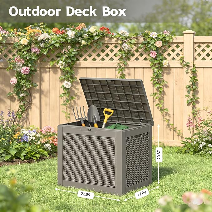 31 Gallon Outdoor Storage Box, Resin Deck Boxes Outdoor Waterproof For Patio Furniture, Garden Tools, Pool Supplies, Lockable And UV Resistant (Rattan Gray)
