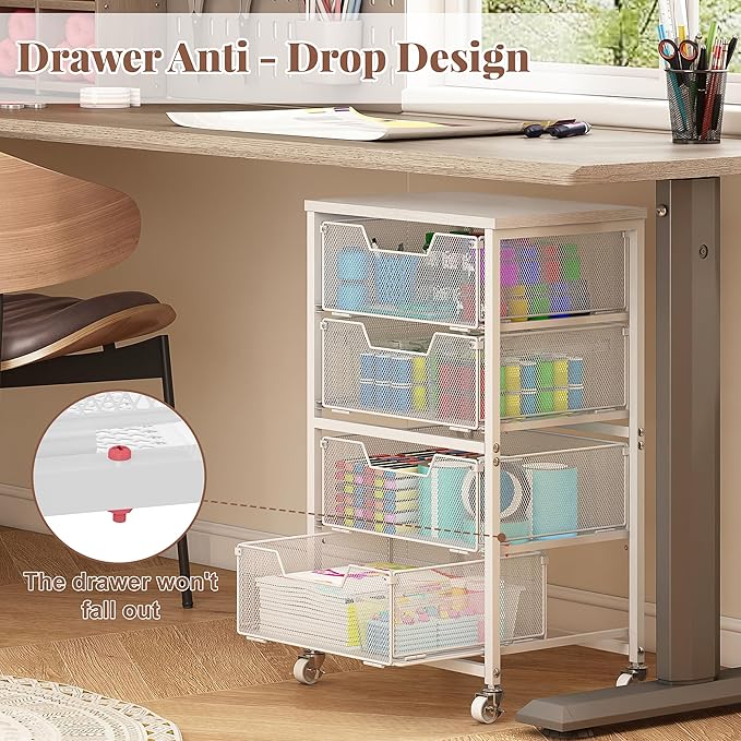 4-Drawer Rolling Storage Cart, Utility Cart with Drawers, White Metal Craft Cart Organizer with Wheels & Wooden Top, Art Supply Storage Organizer for Classroom, Office, Kitchen,Patent Pending