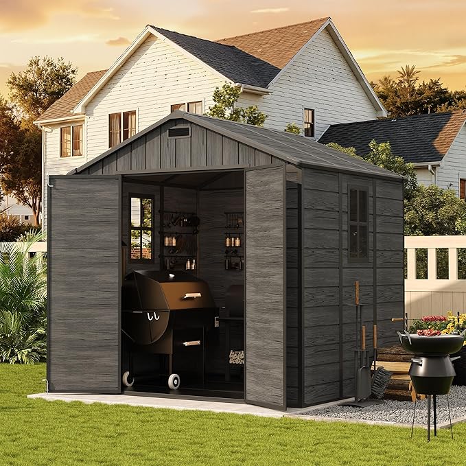 UDPATIO Resin Storage Shed 8 x 6 FT, Plastic Outdoor Storage Shed with Floor Outdside Storage Garden Patio Sheds with Lockable Door for Bike, Garbage Can, Tool, Dark Grey