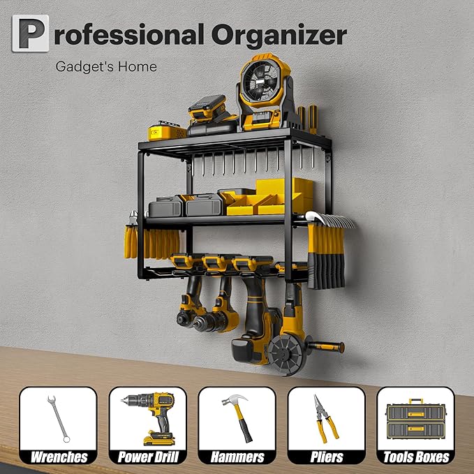 Heavy Duty Power Tool Organizer Wall Mount, 3-Layer Metal Rack with 4 Drill Holders, Garage Storage for Cordless Tools, Ultimate Christmas Gifts for Men, Husband, Dad, DIYers