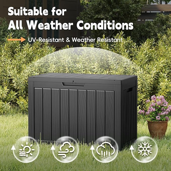 Outdoor Storage Box, 50 Gallon Deck Box Waterproof, Resin Patio Storage Bin for Package Delivery, Patio Furniture Cushion, Garden Tools, Pool Accessories, Weatherproof, Black