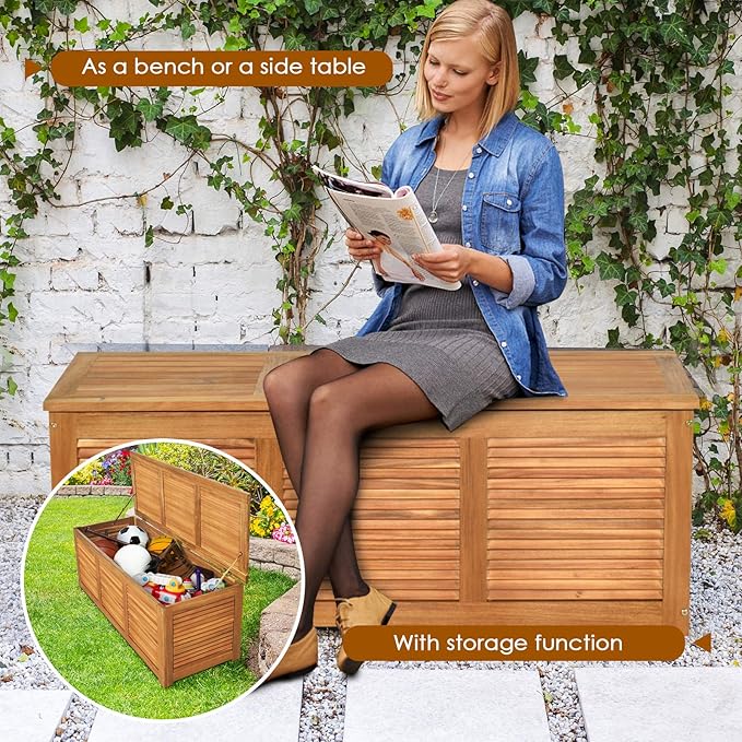 Tangkula 46 Gallon Acacia Wood Deck Box, Garden Backyard Storage Bench, Outdoor Storage Container for Patio Furniture Cushions and Gardening Tools