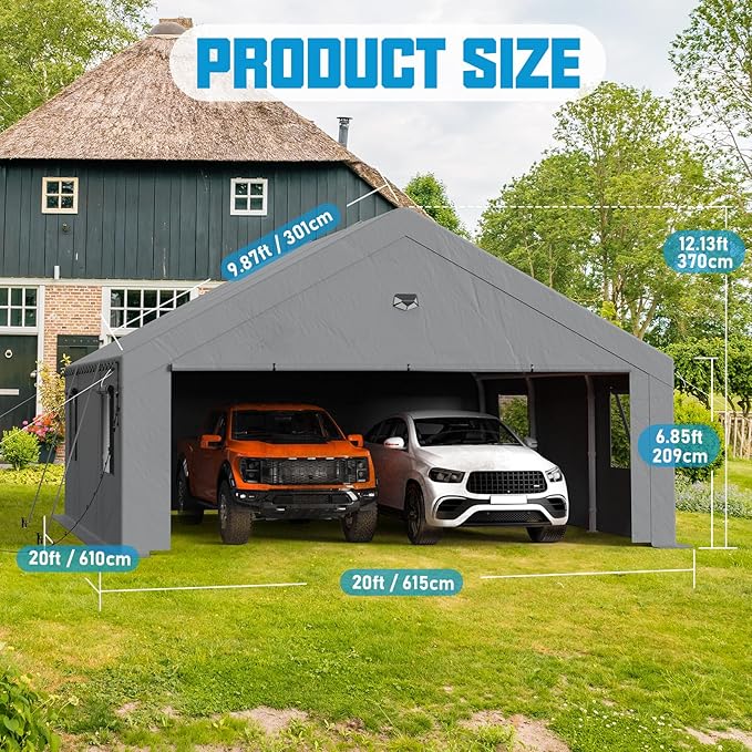 Carports Canopy 20x20 Heavy Duty, Portable Car Port Garage with Roll Up Drive Through Doors, Grey