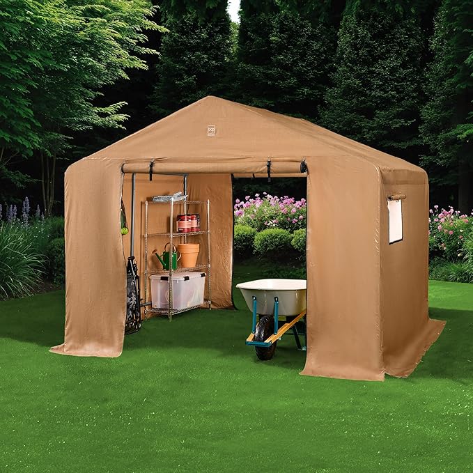 Best Choice Products 10x8ft Outdoor Storage Shed, Carport, Canopy Shelter, Dual Doors & Windows, Metal Frame, Weather-Resistant, Perfect for Storing Motorcycle, Bike, Garden Tools – Tan