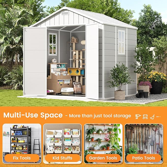 UDPATIO Resin Storage Shed 8 x 6 FT, Outdoor Garden Sheds with Floor Plastic Patio Outdoor Storage Shed with Lockable Door, Sandstone