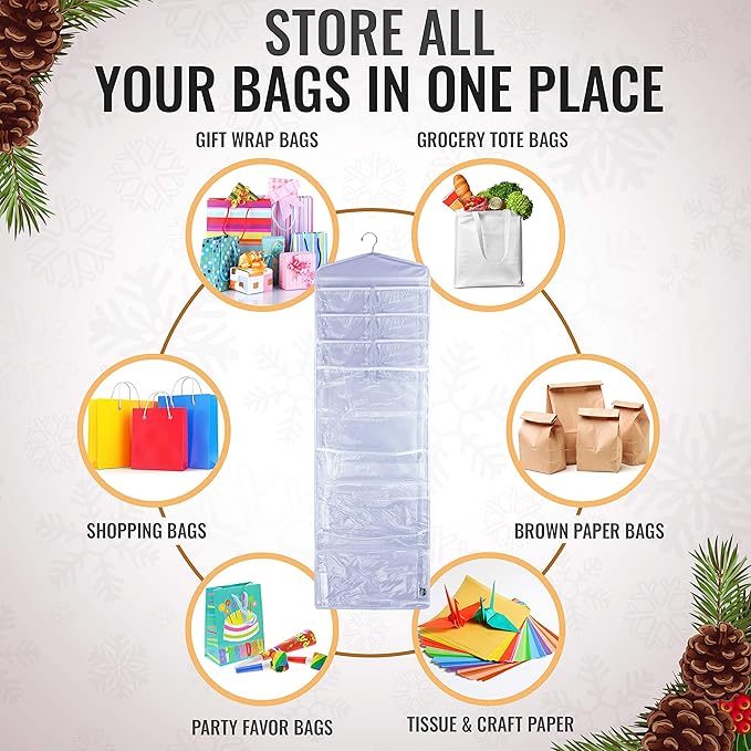 Large Double-Sided Hanging Gift Bag Organizer and Tissue Paper Holder (White)
