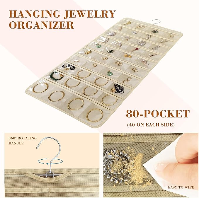 80 Pocket Hanging Jewelry Organizer with Hanger Metal Hooks Storage On Wall Door Closet Double-Sided(Each Side 40 Pockets) Jewelry Holder for Earrings, Necklaces, Rings (Beige)