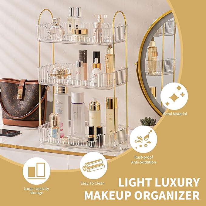 3 Tier Bathroom Organizer Countertop Makeup Perfume Tray Skincare Organizer for Bathroom Dresser Vanity (White)
