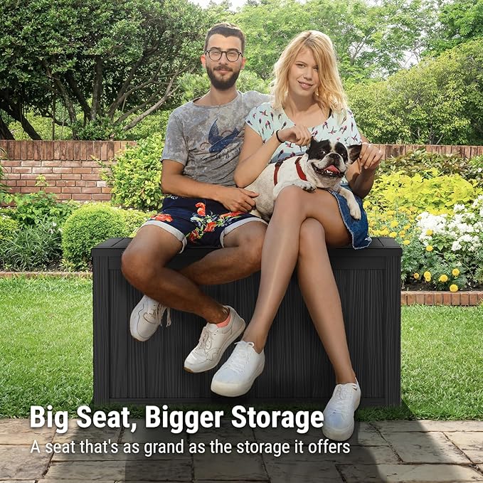 Mars Villa 150 Gallon Outdoor Storage Box, Large Resin Deck Box, Waterproof Storage Bin with Lockable Lid, Ideal for, Outdoor, Patio Furniture Cushions, Pool Supplies, Garden Tools, Black