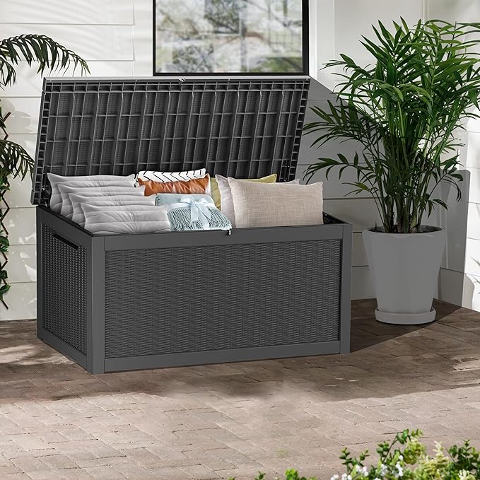 320 Gallon Lockable Resin Outdoor Storage Box, Waterproof & Weather Resistant Deck Box for Patio Cushion, Garden Tools & Pool Accessories, Black