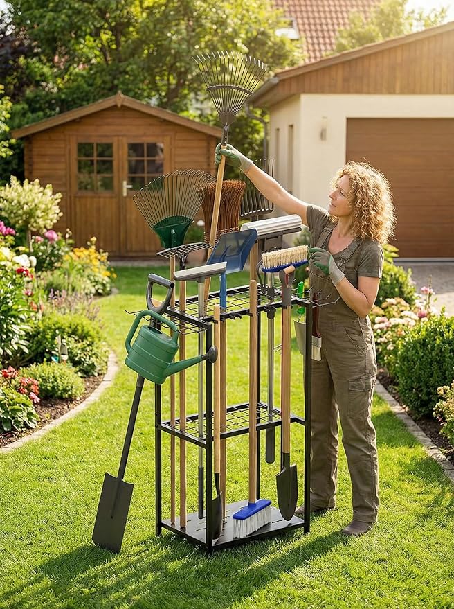 Garden Tool Organizer, 3-Tier Metal Yard Tool Rack with 14 Hooks & 5 Slots, Holds 50+ Rakes/Shovels/Brooms, Heavy Duty Freestanding Lawn Tool Storage for Garage Shed Outdoor Organization