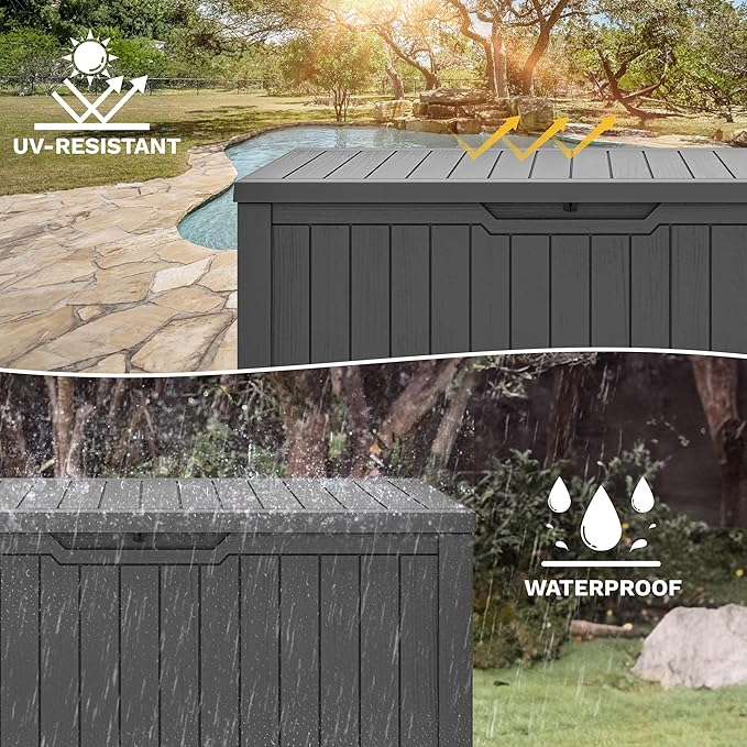 DWVO 120 Gallon Outdoor Storage Deck Box, Weather-Resistant Resin, Versatile for Patio Furnishings, Outdoor Cushions, Garden Tools, and Sports/Pool Gear (Dark Gray)