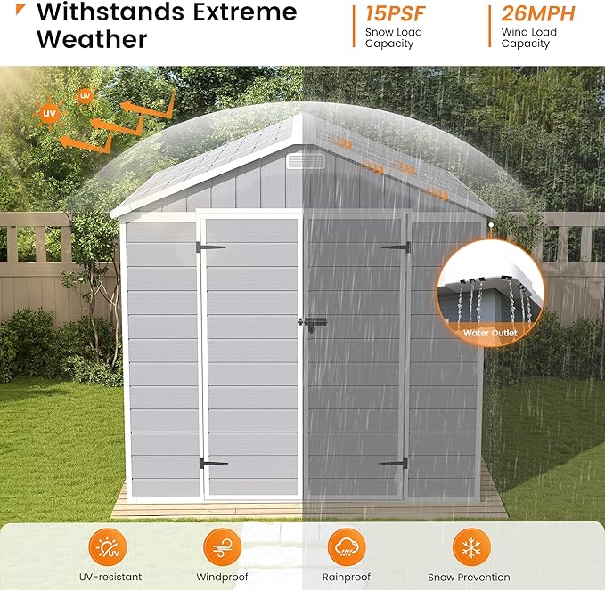 UDPATIO Storage Shed 8 x 8 FT, Resin Outdoor Outside Shed Clearance Sheds with Floor Included Plastic Solitude Cottage Shed She Sheds Buildings Garden Tool Shed with Lockable Door Garbage Gray White