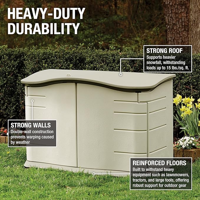 Rubbermaid Small Horizontal Resin Outdoor Storage Shed With Floor (4.5 x 3 Ft) Weather Resistant, Beige/Brown, Organization for Home/Backyard/Pool Chemicals/Toys/Garden Tools/Porch/Patio Cushions