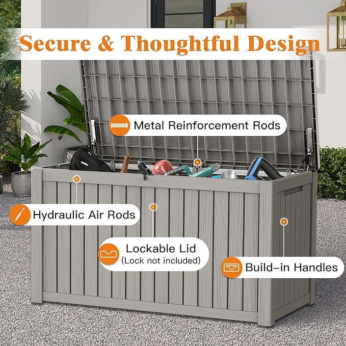 200 Gallon Outdoor Storage Box, Waterproof Deck Box with Handles and Lockable Lid, Resin Patio Storage Box with Hydraulic Rods for Garden Tools, Cushions, Grey