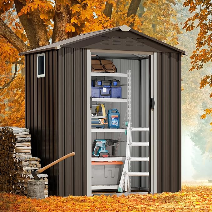 JY QAQA 5x3 FT Metal Outdoor Garden Storage Shed, Waterproof Metal Garden Sheds with Window and Lockable Double Door, Weather Resistant Steel Tool Storage House Shed for Patio, Lawn Gray