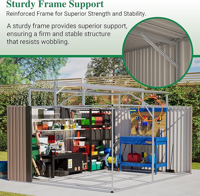10×12 FT Outdoor Storage Shed,Heavy-Duty Metal Shed with Floor Base,All Weather Waterproof Tool Shed W/Diamond Roof & Windows,Lockable Double Door & 4 Air Vents,for Backyard,Patio,Lawn,Brown
