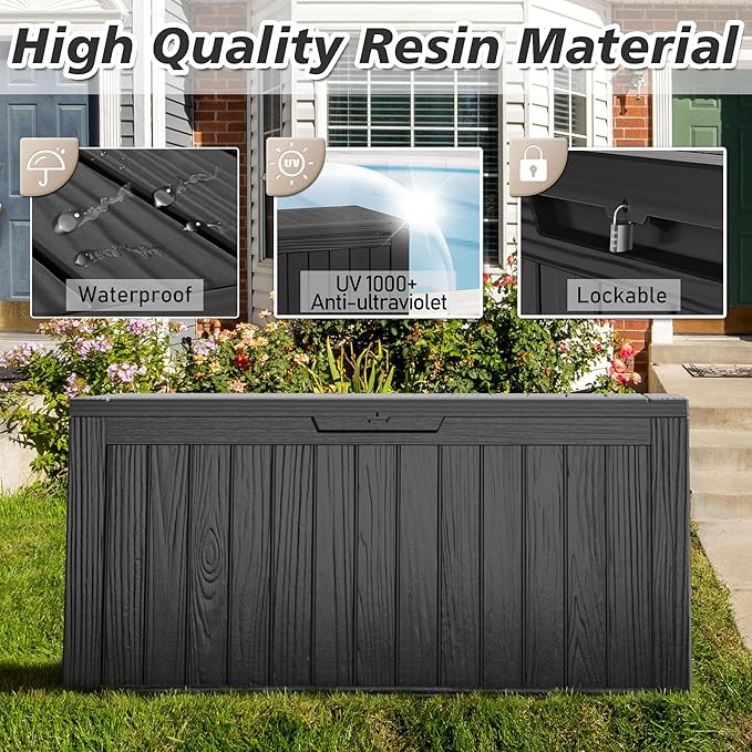KAMABOKO Deck Box, 75 Gallon Resin Indoor and Outdoor Storage Boxes Waterproof for Garden Tools, Pool Accessories Storage Bench, Patio Furniture and Cushions with Lockable Lid, Black