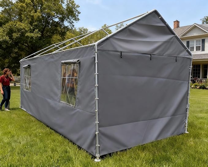 Rutile 10x20 Carport Replacement Sidewall, 180G PE Waterproof & UV Protected Sidewall Cover (Gray, Sidewall Panel with Mesh Windows)