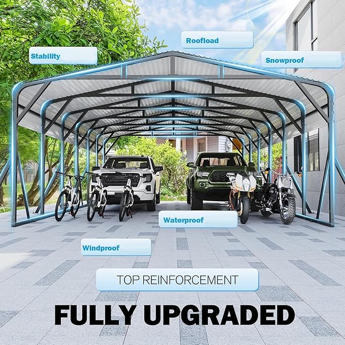 Carport Canopy 20’X30’ Heavy Duty Car Port Galvanized Steel Roof, Reinforced Stable Triangle Frame for Snowy Windy Metal Carports Enhanced Base Car Tent for Car,RV,Pickup,Boat,Truck,Tractor