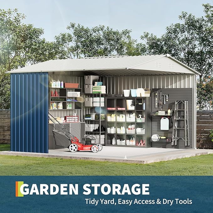 10 x 10 FT Outdoor Storage Shed,Metal Garden Sheds&Outdoor Storage Clearance, Large Tool Shed Outdoor with Single Lockable Door，Ideal Storage House for Backyard Garden Patio Lawn,Navy Blue