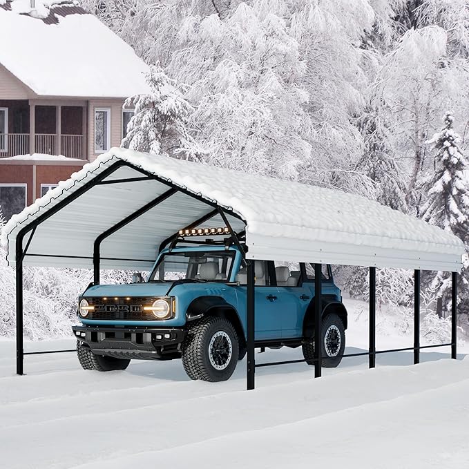 Walsunny Metal Carport 12x20 FT Heavy Duty Carport Canopy with Enhanced Base, Outdoor Car Shelter with Galvanized Steel Roof and Frame Garage for Truck, SUV, Boat, White