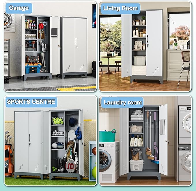 61" Broom Closet Storage Cabinet, Metal Storage Cabinet with Doors, Utility Cabinets for Brooms and Mops, Cleaning Tool Cabinets for Garage, Laundry Room, Bathroom (White)