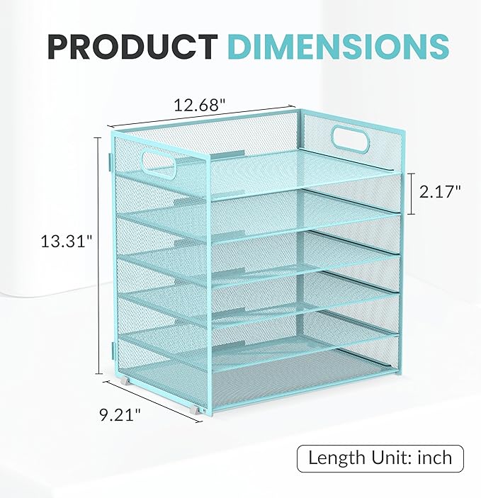 Daltack 6 Tier Paper Organizer for Desk, Paper Letter Tray Organizer for Desks, Mesh Desk File Organizers with Handle for Office, Home, School, Blue, 2 Pack