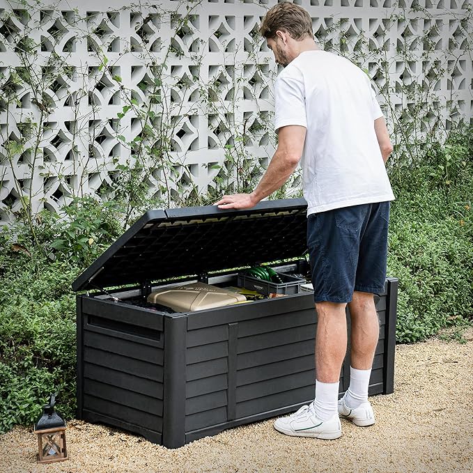 DWVO 150 Gallon Large Deck Box Waterproof Outdoor Storage Box, Extra Large Storage Bin, Resin Louvered Patio Storage for Indoor Pillows, Garden Tools & Pool Supplies, Lockable, Black